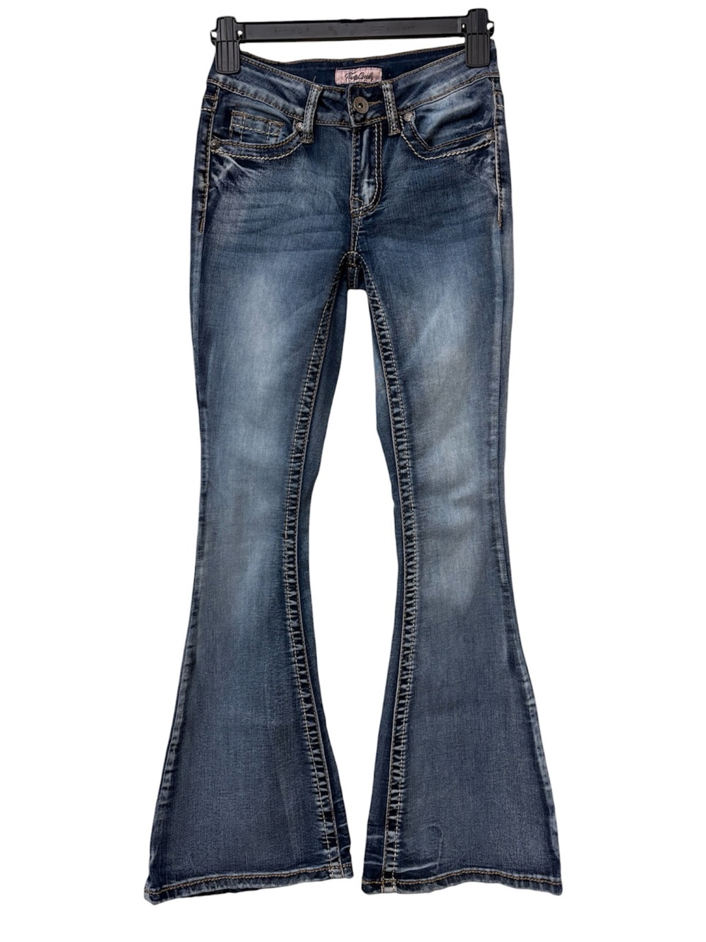 True Luck Flare Jeans Medium/Dark Wash Contrast Stitch Embellished Western Y2K